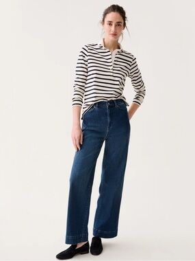ANN MASHBURN Cream and Navy Striped 3/4 Sleeve Polo Top